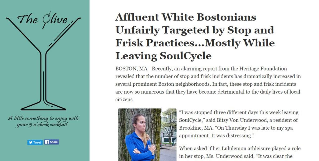 Screen capture from the satire website The Olive